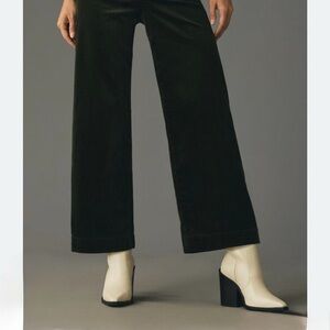 Maeve Dark Green Wide-Leg Corduroy Pants with Bow on back pocket